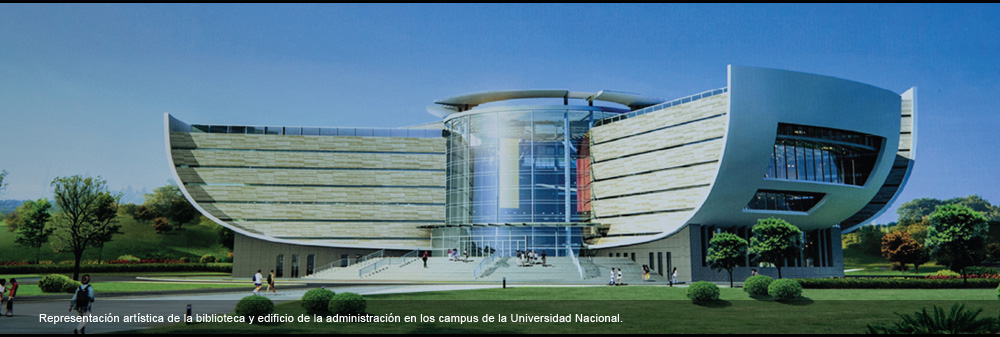 Representación artística de la biblioteca y edificio de la administración en los campus de la Universidad Nacional.